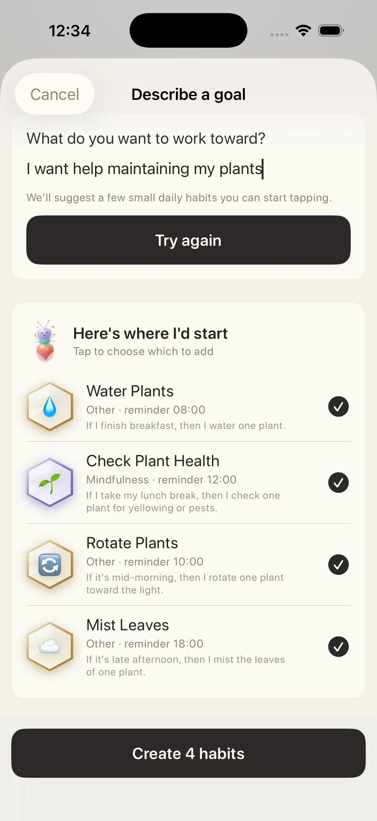 Habitants breaking a plant-care goal into small daily habits