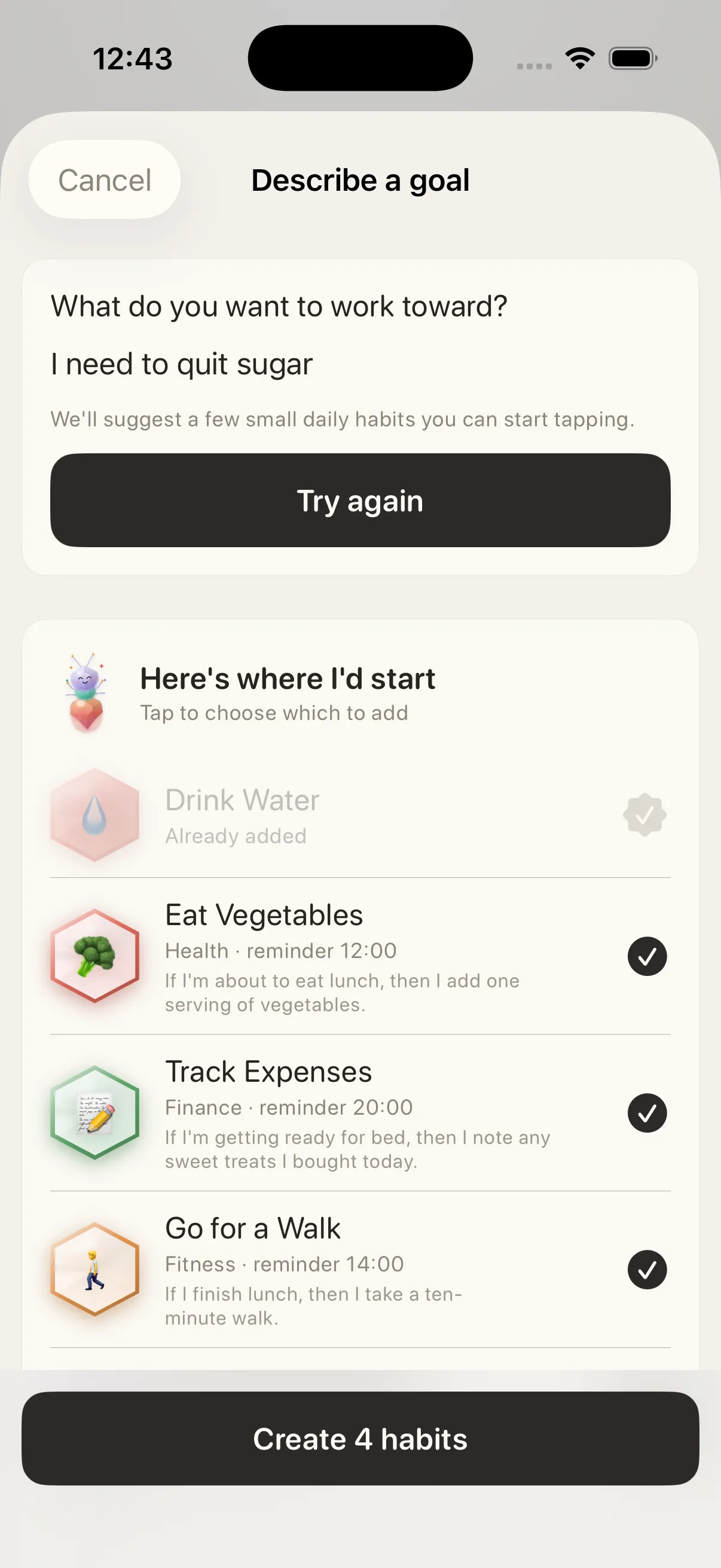 Habitants suggesting small daily habits for a goal about cutting sugar